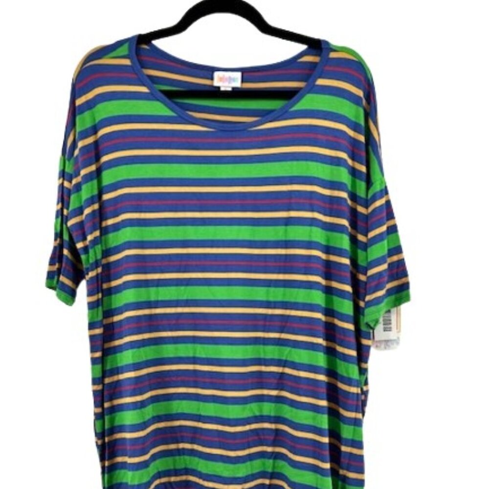 LuLaRoe Irma Womens Small Multicolor Striped Tunic Top Short Sleeve Boho Casual